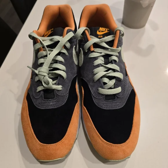 Nike Men's Air Max 1 Ugly Duck- Orange, Black, and Gray with Light Green Accents - Picture 2 of 6